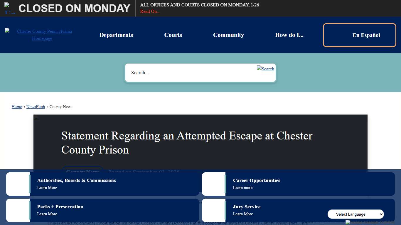 Statement Regarding an Attempted Escape at Chester County Prison • Chester County, PA