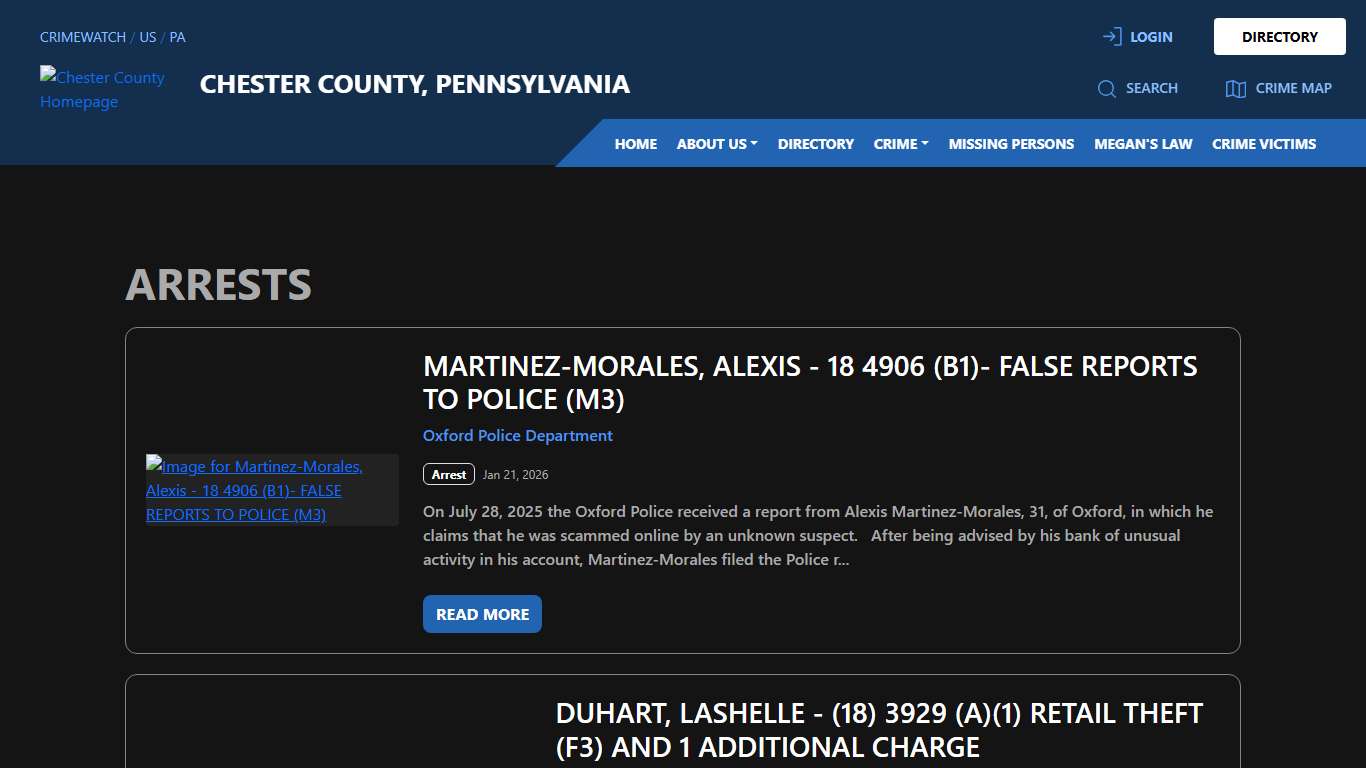 Arrests for Chester County, Pennsylvania CRIMEWATCH