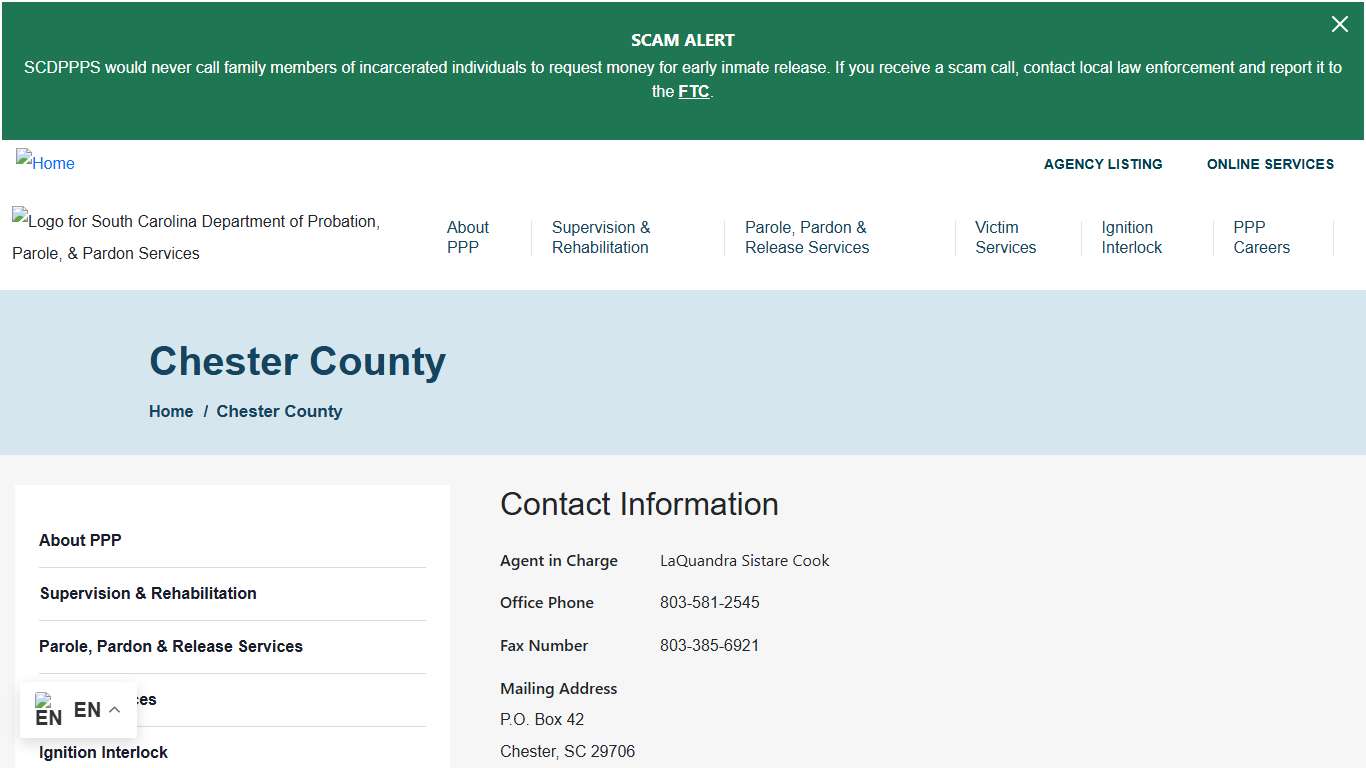 Chester County South Carolina Department of Probation, Parole and Pardon Services